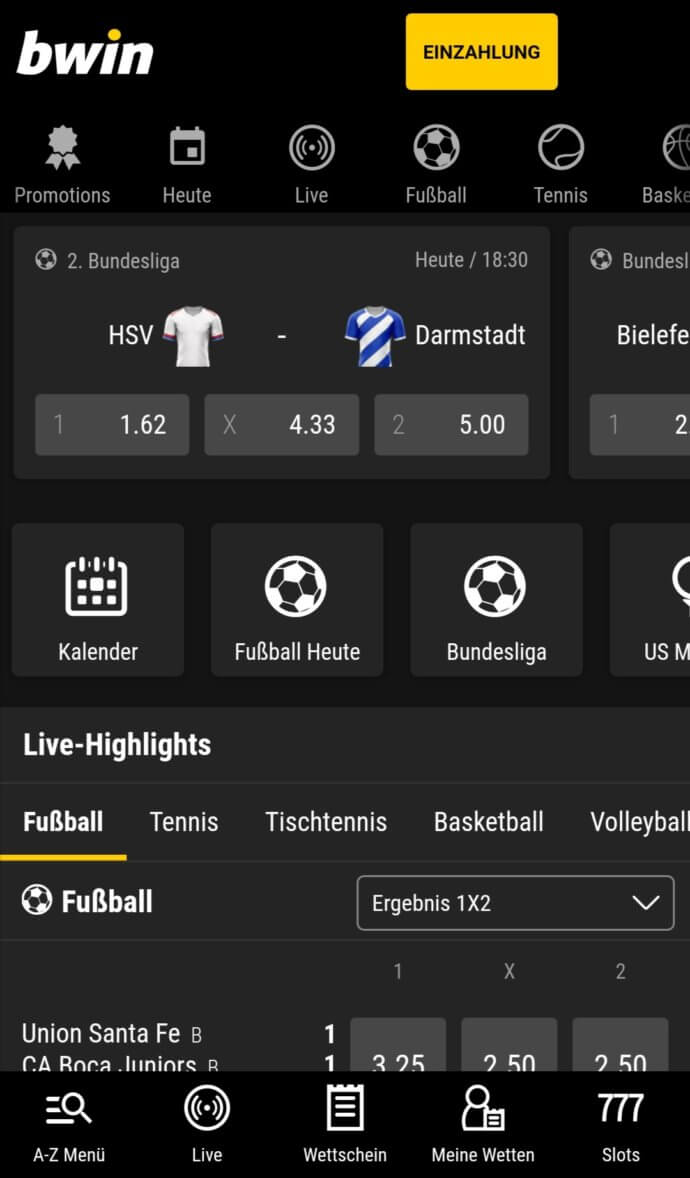 bwin Sportwetten app navigation
